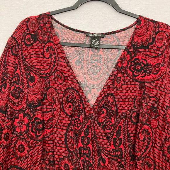 Glamour Red Black Paisley Print Belted Soft Stretch Surplice Dress size 22W - Picture 3 of 11
